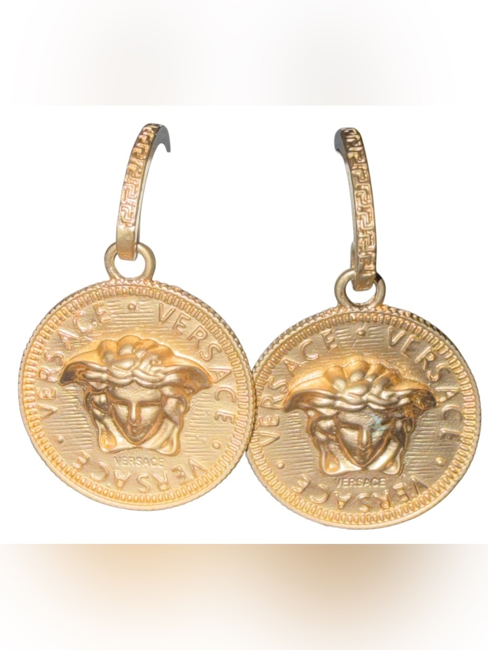 Gold Tone Medusa Coin Drop Hoop Earrings Statement Dangle Jewelry